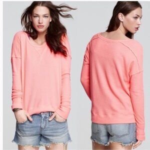 We The Free “Love Bug” Waffle Thermal Neon Pink Knit Long Sleeve Top